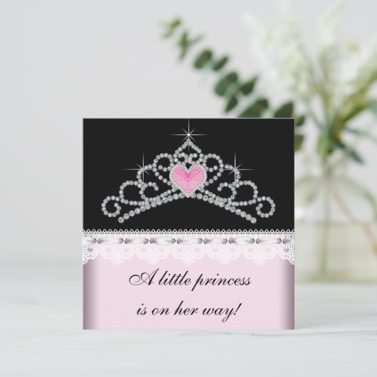 Diamond Tiara Pink Black Princess Baby Dusche Einladung (Stehend Vorderseite)