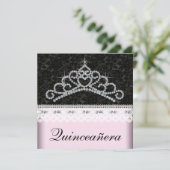 Diamond Tiara Pink Black Sweet 15 Quinceanera Einladung (Stehend Vorderseite)