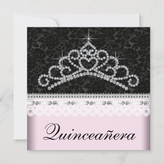 Diamond Tiara Pink Black Sweet 15 Quinceanera Einladung (Vorderseite)