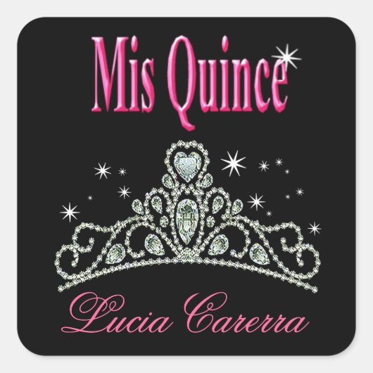 Diamond Tiara Quinceañera (schwarz/rosa) Party Quadratischer Aufkleber (Vorderseite)