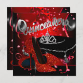 Diamond Tiara Red und Black Quinceanera Einladung (Vorne/Hinten)
