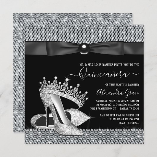 Diamond Tiara Shoe Glam Black Krawatte Quinceanera Einladung (Vorne/Hinten)