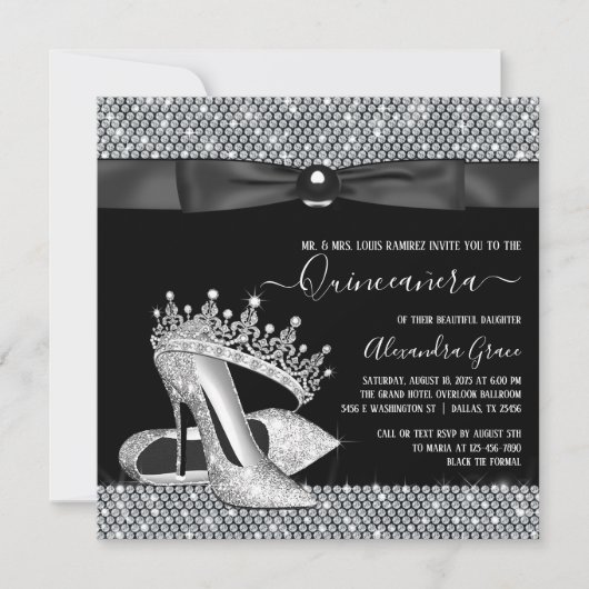 Diamond Tiara Shoe Glam Black Krawatte Quinceanera Einladung (Vorderseite)