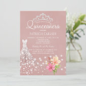 Diamond tiara und kleiden Blumenchic quinceanera Einladung (Stehend Vorderseite)