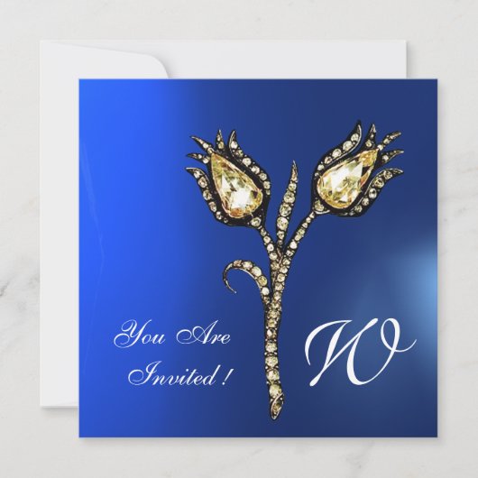 DIAMOND TULIPS MONOGRAM , Blue Saphir Einladung (Vorderseite)