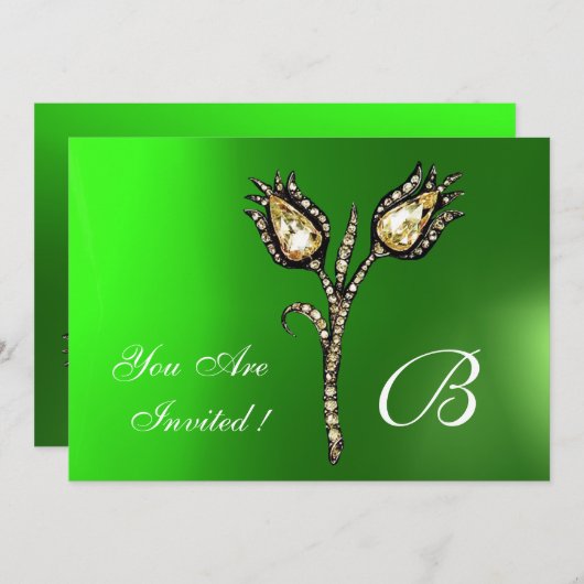 DIAMOND TULIPS MONOGRAM ,Green Emerald Einladung (Vorne/Hinten)