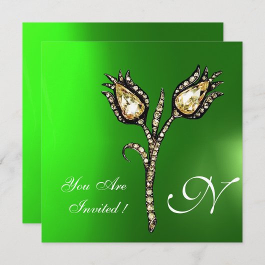 DIAMOND TULIPS MONOGRAM ,Green Emerald Einladung (Vorne/Hinten)