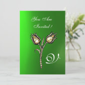 DIAMOND TULIPS MONOGRAM ,Green Emerald Einladung (Stehend Vorderseite)
