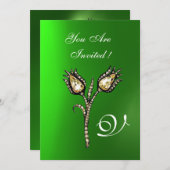 DIAMOND TULIPS MONOGRAM ,Green Emerald Einladung (Vorne/Hinten)
