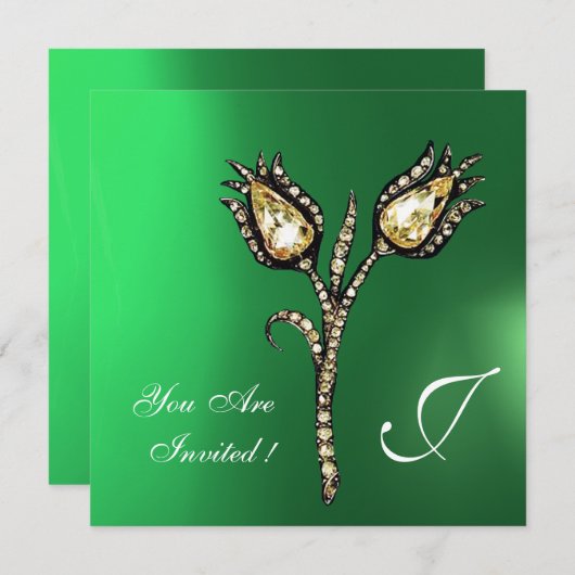 DIAMOND TULIPS MONOGRAM ,Grüner Jade Einladung (Vorne/Hinten)