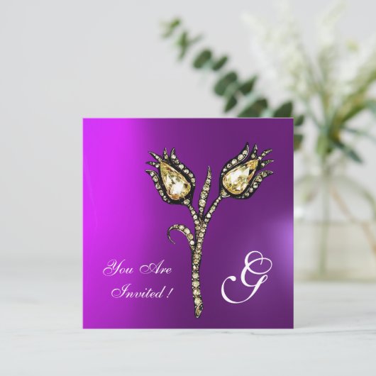 DIAMOND TULIPS MONOGRAM , Lila Violett Einladung (Stehend Vorderseite)