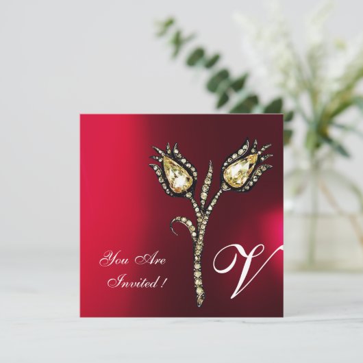 DIAMOND TULIPS MONOGRAM, Red Burgund White Einladung (Stehend Vorderseite)