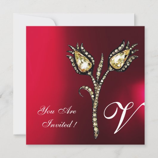 DIAMOND TULIPS MONOGRAM, Red Burgund White Einladung (Vorderseite)