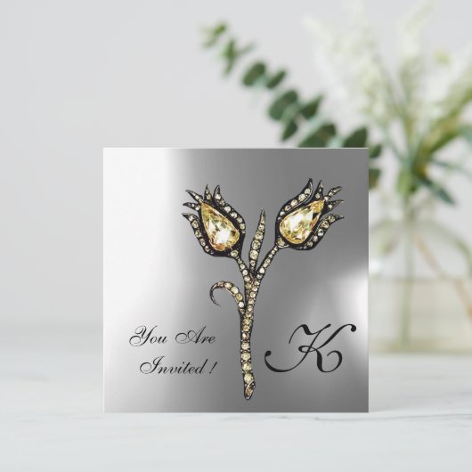 DIAMOND TULIPS MONOGRAMM, Grauer weißer Mondstein Einladung (Stehend Vorderseite)