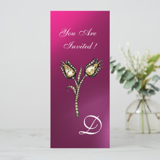 DIAMOND TULIPS-MONOGRAMM, Lila rosa Amethyst Einladung (Stehend Vorderseite)