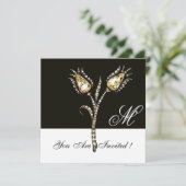 DIAMOND TULIPS MONOGRAMM, Schwarz und Weiß Einladung (Stehend Vorderseite)
