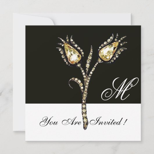 DIAMOND TULIPS MONOGRAMM, Schwarz und Weiß Einladung (Vorderseite)