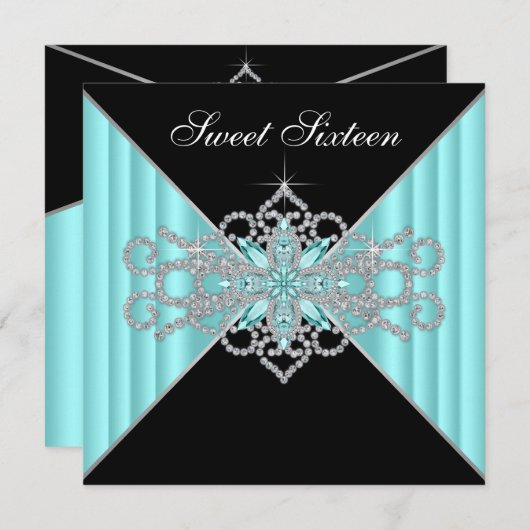 Diamond Türkis Blau und Schwarz Sweet 16 Geburtsta Einladung (Vorne/Hinten)