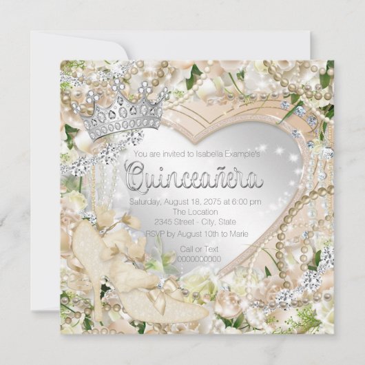 Diamond und Pearl White Rose Quinceanera Einladung (Vorderseite)