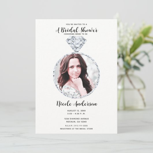 Diamond Wedding Bling Ring Brautparty Foto Einladung (Stehend Vorderseite)