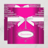 Diamonds Bow Hot Pink Quinceanera Einladung (Vorne/Hinten)