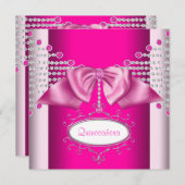 Diamonds Bow Hot Pink Quinceanera Einladung (Vorne/Hinten)