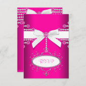 Diamonds Bow Hot Pink Quinceanera UAWG RSVP Karte (Vorne/Hinten)
