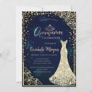 Diamonds Dress Tiara Navy Blue Quinceañera Einladung