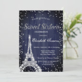 Diamonds Eiffel Tower Diamonds Navy Blue Sweet 16 Einladung (Stehend Vorderseite)