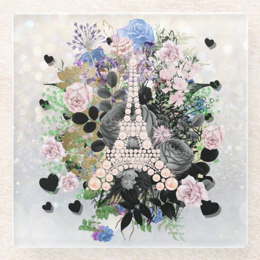 Diamonds Eiffel Tower Floral Glasuntersetzer (Vorderseite)