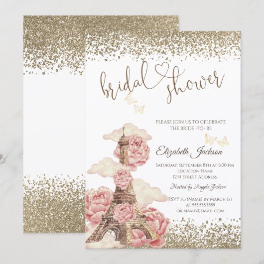 Diamonds Eiffel Tower Peonies Butterfly Einladung (Vorne/Hinten)