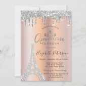 Diamonds Eiffelturm, Tropfen Silver Quinceañera Einladung (Vorderseite)