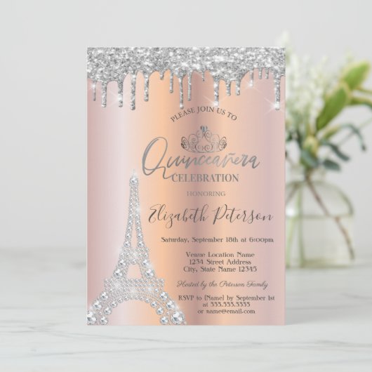 Diamonds Eiffelturm, Tropfen Silver Quinceañera Einladung (Stehend Vorderseite)