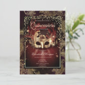Diamonds Floral Damask Masquerade Quinceañera Einladung (Stehend Vorderseite)
