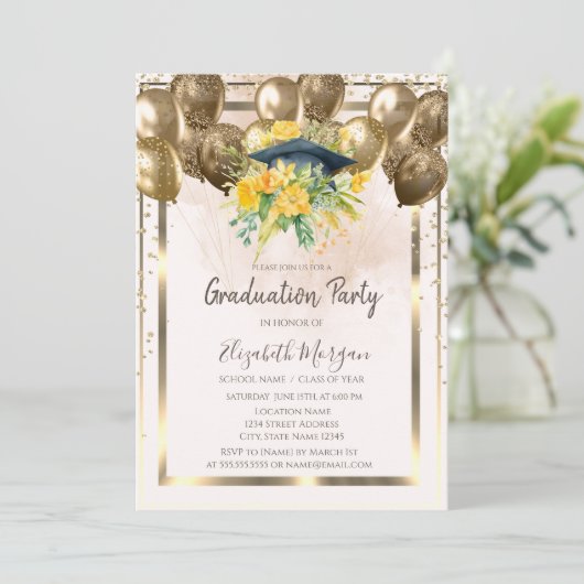 Diamonds Floral Grad Cap Balloons Cream Abschluss Einladung (Stehend Vorderseite)