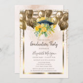 Diamonds Floral Grad Cap Balloons Cream Abschluss Einladung (Vorne/Hinten)