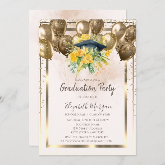 Diamonds Floral Grad Cap Balloons Cream Abschluss Einladung (Vorne/Hinten)