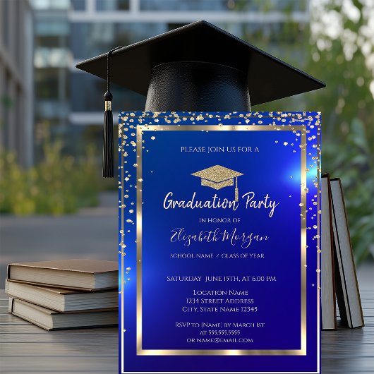 Diamonds Frame Gold Grad Cap Blue Abschluss Einladung