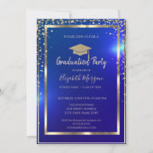 Diamonds Frame Gold Grad Cap Blue Abschluss Einladung (Vorderseite)