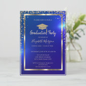 Diamonds Frame Gold Grad Cap Blue Abschluss Einladung (Stehend Vorderseite)