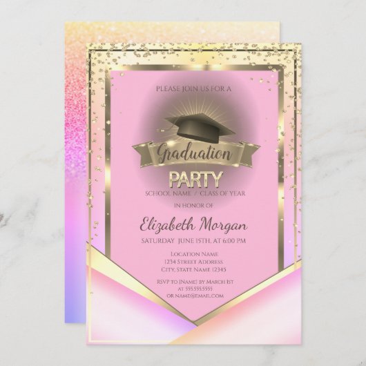 Diamonds Frame Grad Cap Ombre Graduation Party Einladung (Vorne/Hinten)