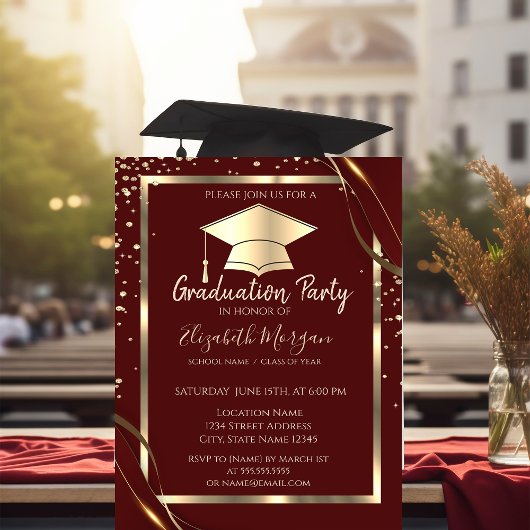 Diamonds Gold Frame Grad Cap Red Abschluss Einladung