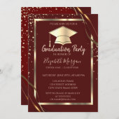 Diamonds Gold Frame Grad Cap Red Abschluss Einladung (Vorne/Hinten)