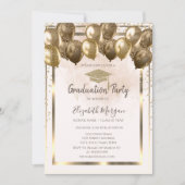 Diamonds Gold Grad Cap Balloons Cream Abschluss Einladung (Vorderseite)