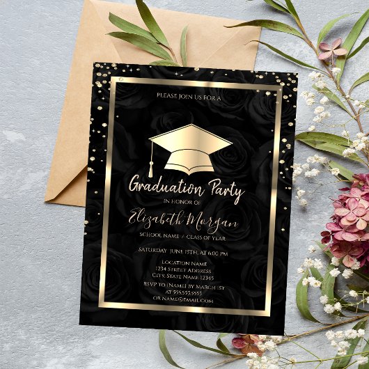 Diamonds Gold Grad Cap Black Rose Abschluss Einladung