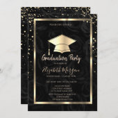 Diamonds Gold Grad Cap Black Rose Abschluss Einladung (Vorne/Hinten)
