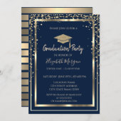 Diamonds Gold Grad Cap Blue Striping Abschluss Einladung (Vorne/Hinten)