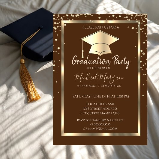 Diamonds Gold Grad Cap Brown Abschluss Einladung