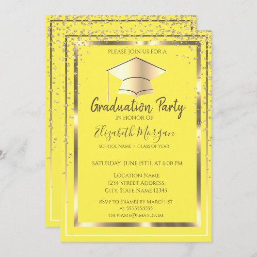 Diamonds Gold Grad Cap Gelber Abschluss Einladung (Vorne/Hinten)