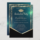 Diamonds Gold Grad Cap Green Abschluss Einladung (Vorne/Hinten)